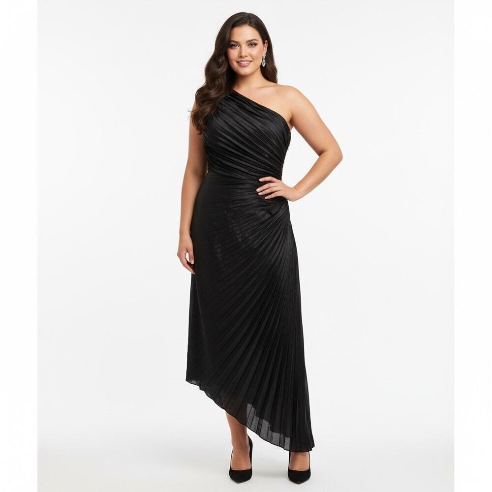 One Shoulder Black Pleated Gown 1X Plus Size Formal Wedding Asymmetric Hem NEW